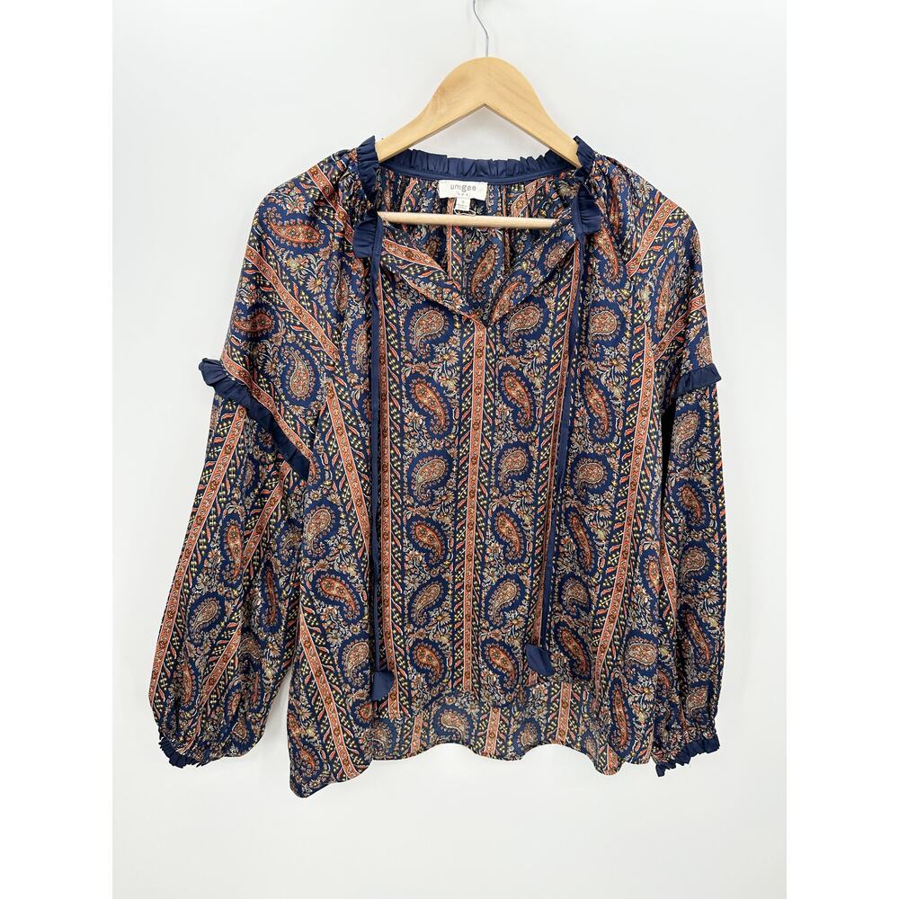 Umgee Womens Boho Peasant Top Size S‎ Navy Blue Orange Paisley Oversized Shirt